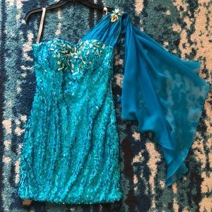 Aqua Sequin Pageant Cocktail Dress w/ Cape